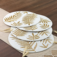 Glass beaded placemats, 'Golden Dinner' (set of 4) - Set of 4 Leafy White and Golden Glass Beaded Placemats