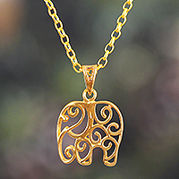 Gold-plated pendant necklace, 'Giant Triumph' - Elephant-Themed 22k Gold-Plated Pendant Necklace from India