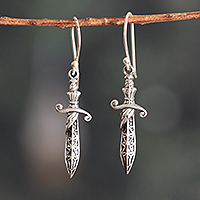 Sterling silver dangle earrings, 'Sword Majesty' - Sterling Silver Sword-Shaped Dangle Earrings from India