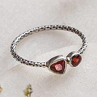 Garnet band ring, 'Scarlet Duo' - Dot-Accented Sterling Silver and Natural Garnet Band Ring