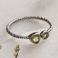 Peridot band ring, 'Spring Green Duo' - Dot-Accented Sterling Silver and Natural Peridot Band Ring