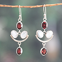 Garnet and rainbow moonstone dangle earrings, 'Crescent Passion' - 4-Carat Natural Garnet and Rainbow Moonstone Dangle Earrings