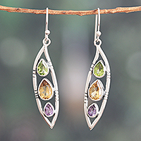 Multi-gemstone dangle earrings, 'Precious Leaf' - Leaf-Shaped 5-Carat Faceted Multi-Gemstone Dangle Earrings