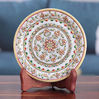 Marble decorative plate, 'Fantasy in Spring' - Floral Handcrafted Red and Green Marble Decorative Plate