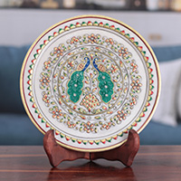 Marble decorative plate, 'Peacock Realm' - Peacock-Themed Floral Marble Decorative Plate from India