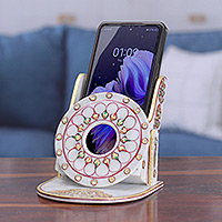 Marble phone holder, 'Floral Aura' - Beaded Marble Phone Holder with Hand-Painted Floral Motifs