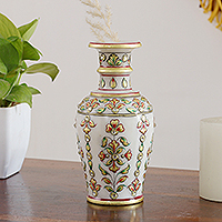 Marble decorative vase, 'Palace of the Noble' - Floral Hand-Painted Marble Decorative Vase in Golden and Red