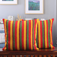 Cotton cushion covers, 'Colorful Highways' (pair) - Striped Yellow, Red and Green Cotton Cushion Covers (Pair)