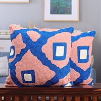 Cotton cushion covers, 'Creative Peach' (pair) - Abstract-Themed Blue and Peach Cotton Cushion Covers (Pair)
