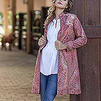 Jamawar jacket, 'Exquisite Pink' - Jamawar Style Jacket with Mandarin Collar