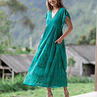 Embroidered empire waist dress, 'Ethereal' - Embellished Embroidered Teal Empire Waist Dress