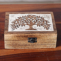 Wood decorative box, 'Portrait of Prosperity' - Burnt Finished Tree of Life Mango Wood Decorative Box