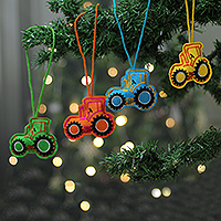 Embroidered wool felt ornaments, 'Field Seasons' (set of 4) - Whimsical Set of 4 Embroidered Wool Felt Tractor Ornaments