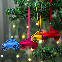 Embroidered wool felt ornaments, 'Road Colors' (set of 4) - Car-Shaped Rayon Embroidered 4-Piece Wool Felt Ornament Set