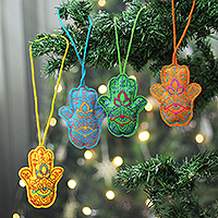 Embroidered wool felt ornaments, 'Positive Auras' (set of 4) - Hamsa-Themed Embroidered 4-Piece Wool Felt Ornament Set