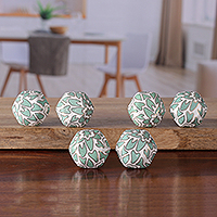 Ceramic knobs, 'Modern Sylvan' (set of 6) - Minimalist Leafy 6-Piece Green and Ivory Ceramic Knob Set