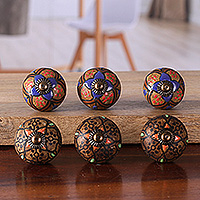 Ceramic knobs, 'Rustic Beauty' (set of 6) - Set of 6 Hand-Painted Ceramic Knobs with Floral Patterns