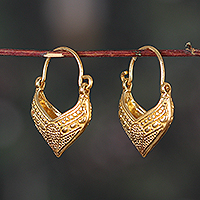 Gold-plated hoop earrings, 'Radiant Dew' - Pointed Textured 22k Gold-Plated Hoop Earrings from India