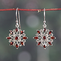 Garnet dangle earrings, 'Scarlet Bloom' - Marquise and Round-Shaped Natural Garnet Dangle Earrings