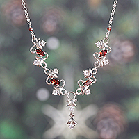 Garnet Y-necklace, 'Blooming Liaison' - 4-Carat Garnet and Cubic Zirconia Y-Necklace Made in India