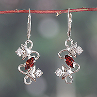 Garnet dangle earrings, 'Blooming Liaison' - Faceted Garnet and Cubic Zirconia Floral Dangle Earrings