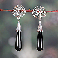 Onyx dangle earrings, 'Nocturnal Style' - High-Polished Sylvan-Themed Onyx Dangle Earrings from India