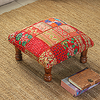 Embellished ottoman, 'Regal Celebration' - Embellished Patchwork Ottoman Footstool in a Warm Palette