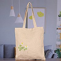 Embroidered jute tote bag, 'Daisy Days' - Daisy-Themed Acrylic Embroidered Jute Tote Bag in Beige Hues