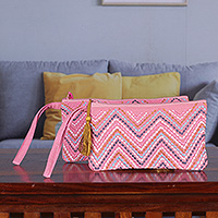 Embroidered cotton wristlet bags, 'Pink Trends' (set of 2) - Chevron-Patterned 2-Piece Pink Embroidered Wristlet Bag Set