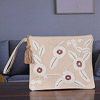 Embroidered cotton cosmetic bag, 'Tranquil Spring' - Floral Beige and Ivory Embroidered 100% Cotton Cosmetic Bag