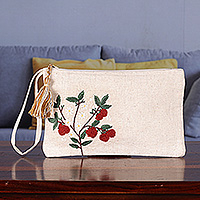 Embroidered cotton cosmetic bag, 'Berry Life' - Artisan-Made Berry-Themed Embroidered Cotton Cosmetic Bag