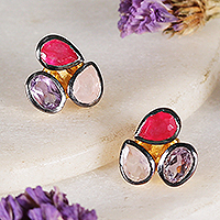 Gold-accented multi-gemstone button earrings, 'Pretty Trio' - 18k Gold-Accented 4-Carat Multi-Gemstone Button Earrings