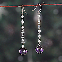 Rainbow moonstone and amethyst dangle earrings, 'Wise Rainbow' - Rainbow Moonstone and Checkerboard Amethyst Dangle Earrings