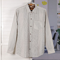 Men's cotton shirt, 'Checkered Seigneur' - Checkered Pattern White and Black 100% Cotton Shirt for Men
