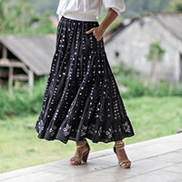 Cotton tiered skirt, 'Twilight' - Bloom and Heart-Themed Tie-Dye Black Cotton Skirt from India