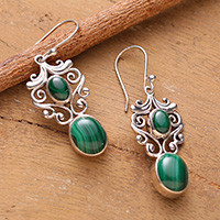 Malachite dangle earrings, 'Healing Fairy' - Fantasy-Inspired Natural Malachite Cabochon Dangle Earrings