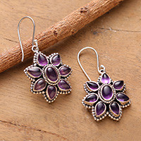 Amethyst dangle earrings, 'Wise Daisy' - Spring-Themed Daisy-Shaped Amethyst Cabochon Dangle Earrings