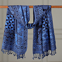 Wool shawl, 'Midnight Patches' - Patchwork Geometric and Paisley-Themed Wool Shawl in Blue