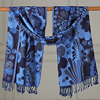 Wool shawl, 'Indigo Bloom' - Jamawar-Inspired Floral Leaf Paisley-Themed Blue Wool Shawl