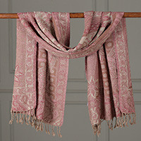 Jamawar wool shawl, 'Sophisticated Appeal' - Paisley Floral-Themed Pink Jamawar Wool Shawl with Fringes