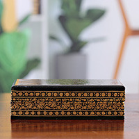 Papier mache and wood decorative box, 'Valley Splendor' - Blue Gold Papier Mache Wood Decorative Box with Floral Theme
