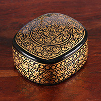Papier mache and wood decorative box, 'Midnight Vine' - Black Gold Painted Papier Mache and Wood Leaf Decorative Box