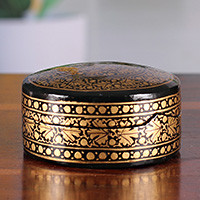 Papier mache and wood decorative box, 'Nocturnal Vine' - Leaf-Themed Black Golden Papier Mache Wood Decorative Box
