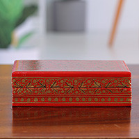 Papier mache and wood decorative box, 'Gilded Vine' - Hand-Painted Red Gold Papier Mache Wood Leaf Decorative Box