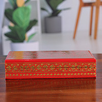 Papier mache and wood decorative box, 'Golden Vine' - Red Gold Rectangular Papier Mache Wood Leaf Decorative Box