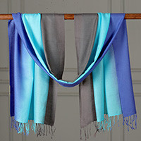 Wool shawl, 'Turquoise Waters' - Woven 100% Wool Striped Shawl in a Turquoise Blue Palette
