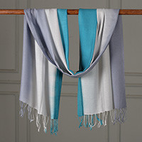 Wool shawl, 'Caribbean Gala' - Striped Wool Fringed Shawl in Caribbean Blue and Grey Hues
