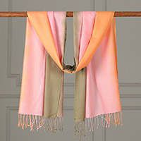 Wool shawl, 'Sunset Dessert' - Ombre-Palette Striped Wool Shawl in Pink and Orange Hues
