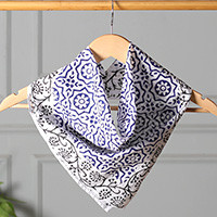 Cotton handkerchief, 'Blue Garden' - Cotton Handkerchief Bandana with Floral and Vine Motifs