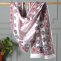 Cotton sarong, 'Garden of Joy' - Cotton Sarong with Hand-Block Printed Floral and Vine Motifs